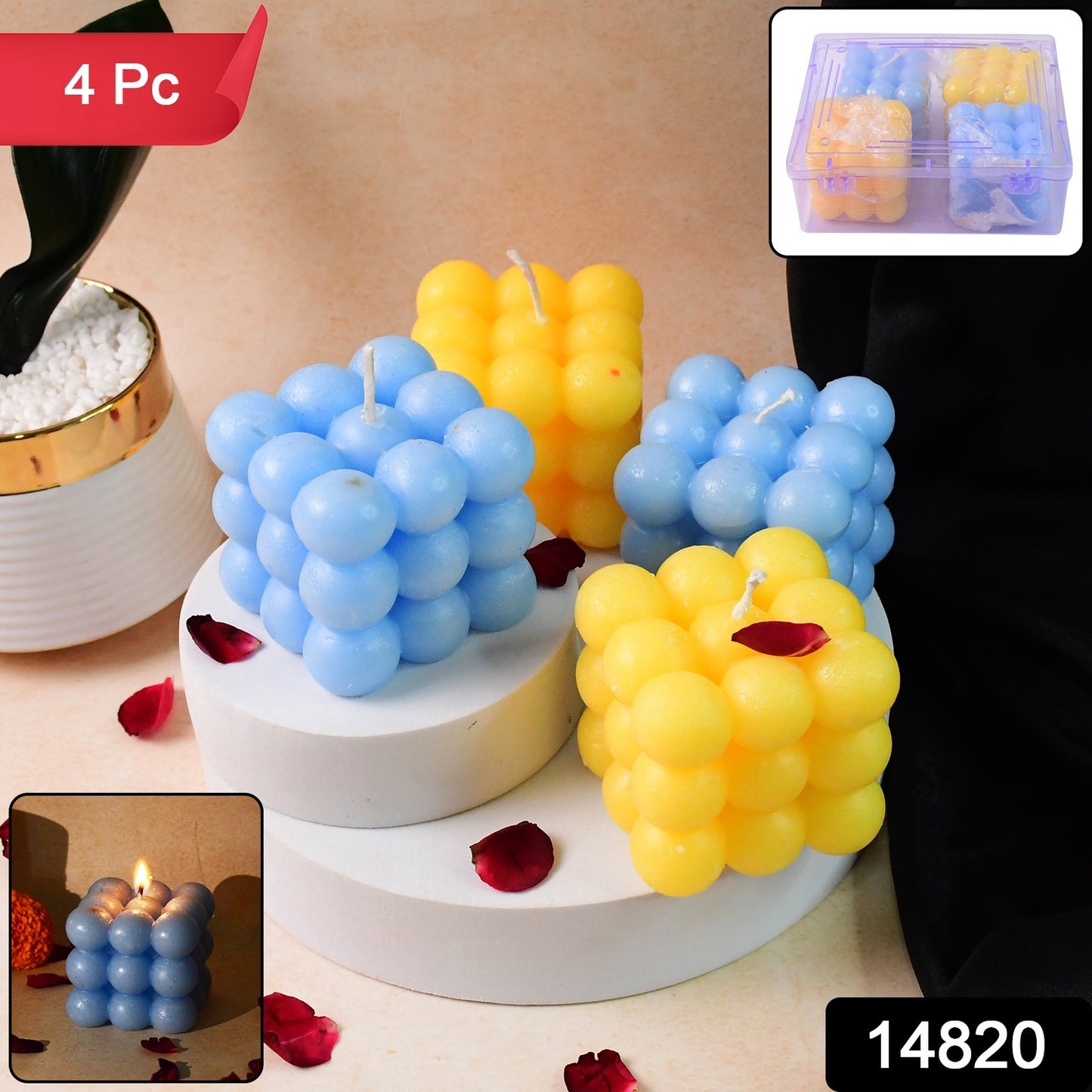Four colorful cube-shaped wax candles from Wukusy, vibrant home decor candles displayed on a neutral background.