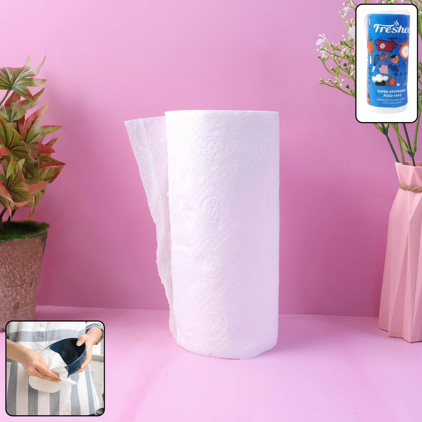 Wukusy Freshee kitchen paper towel roll with 60 sheets, each 21.5 x 22 cm, shown on a kitchen countertop for cleaning use.