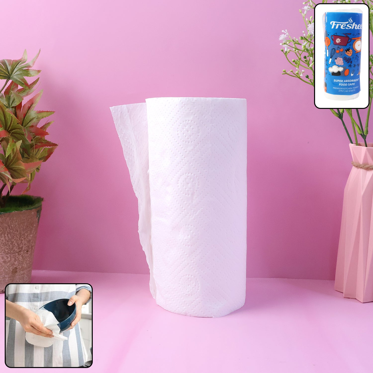 Wukusy Freshee kitchen paper towel roll with 60 sheets, each 21.5 x 22 cm, shown on a kitchen countertop for cleaning use.