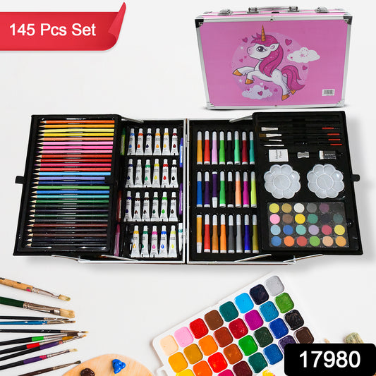 Wukusy 17980 professional art set with unicorn case, includes crayons, oil pastels, watercolors, brushes, eraser, and sharpener for kids