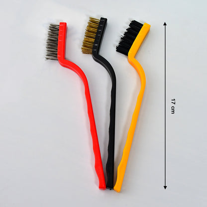 Wukusy 3-piece mini wire brush set with brass, nylon, and stainless steel bristles for cleaning stove, tiles, and rust removal.