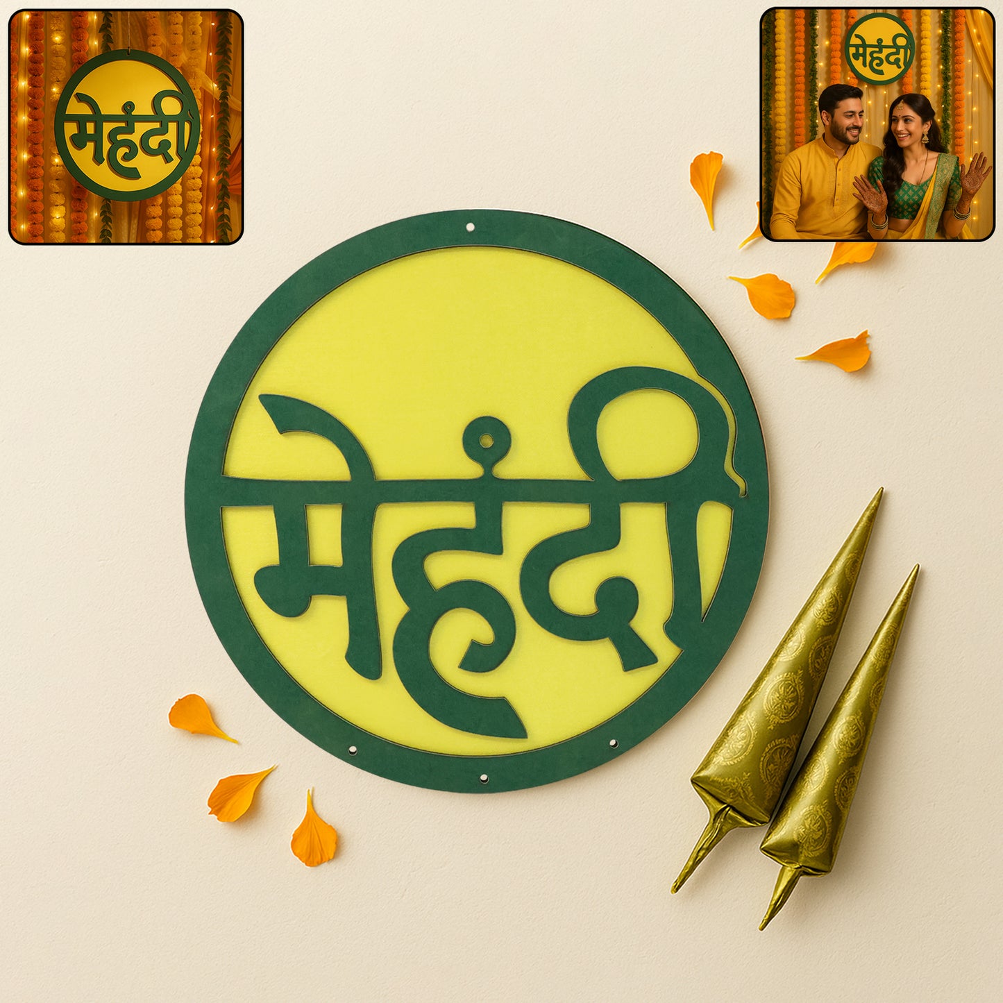 Wukusy Mehndi ceremony wall hanging backdrop sign with elegant calligraphy, used as home decor for special celebrations.