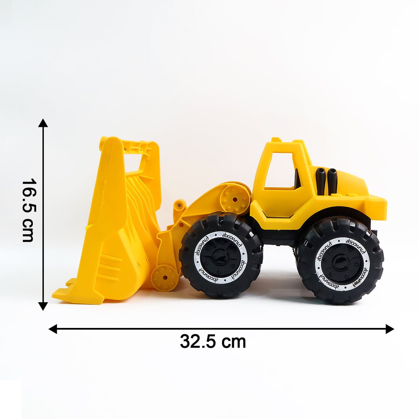 Wukusy Funwoods friction-powered front loader bulldozer toy with realistic details and bright colors, designed for children’s play.