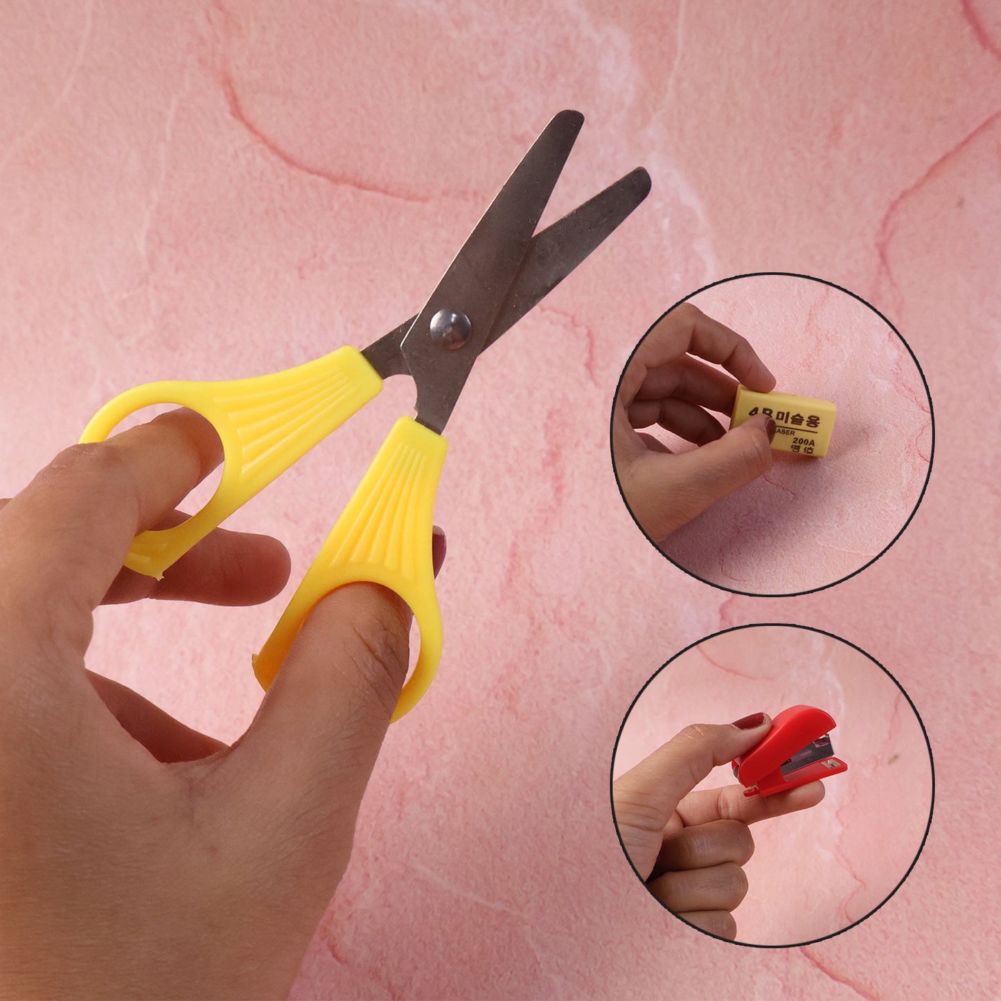 Wukusy 6-in-1 mini stationery kit for students with pens, pencils, eraser, ruler, and scissors in a compact case.