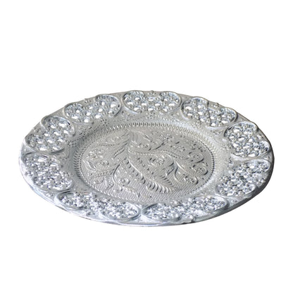 Silver-plated Swastik puja thali set by Wukusy, glossy home decor with intricate design for religious rituals.