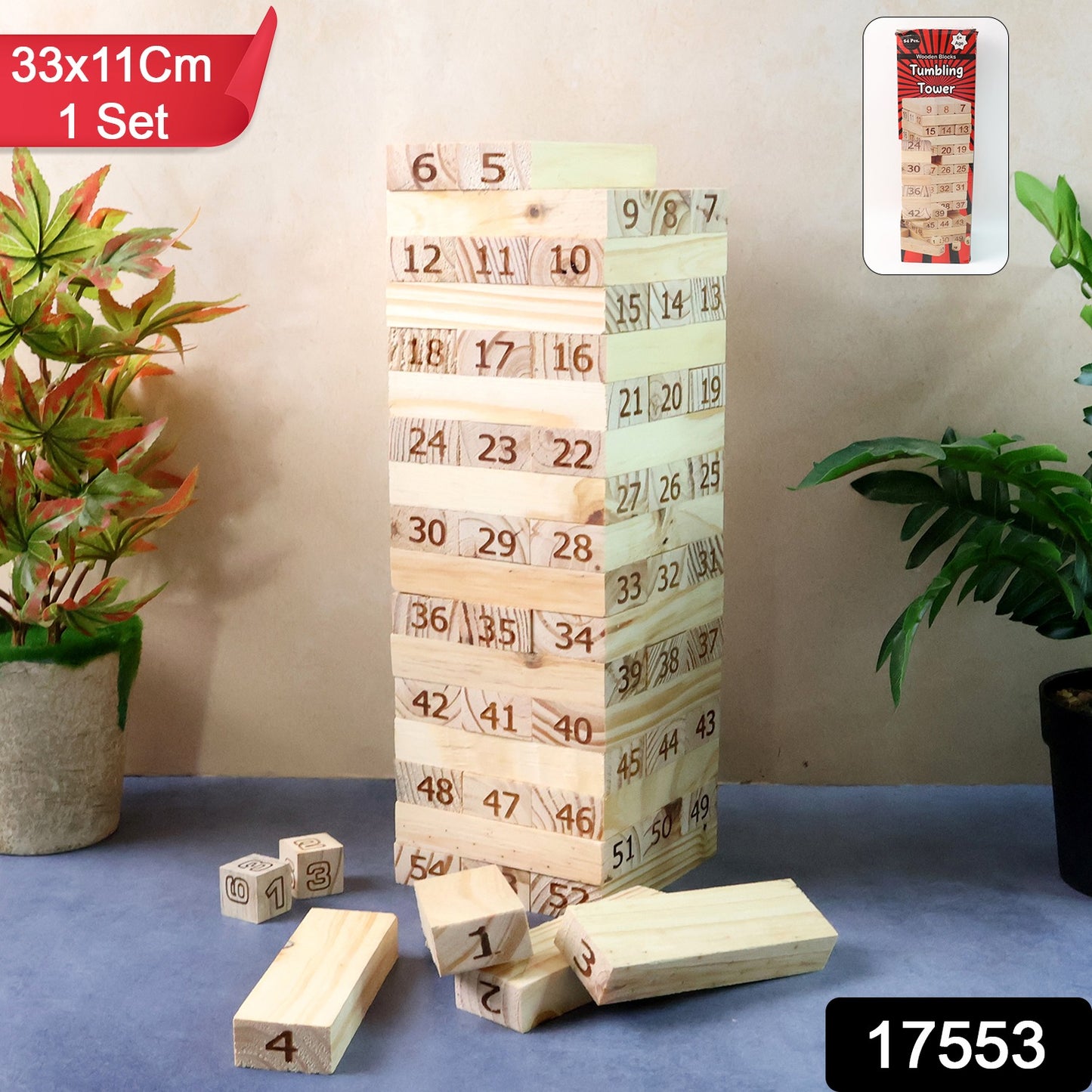 Numbered wooden tumbling tower game set by Wukusy, colorful blocks stacked for balance and fun gameplay.