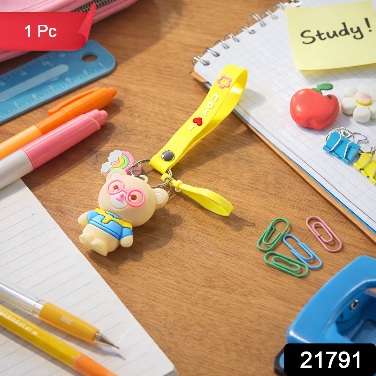 Wukusy cute cartoon teddy bear keychain with yellow "I Love You" strap, featuring a soft plush teddy bear and a keyring attachment