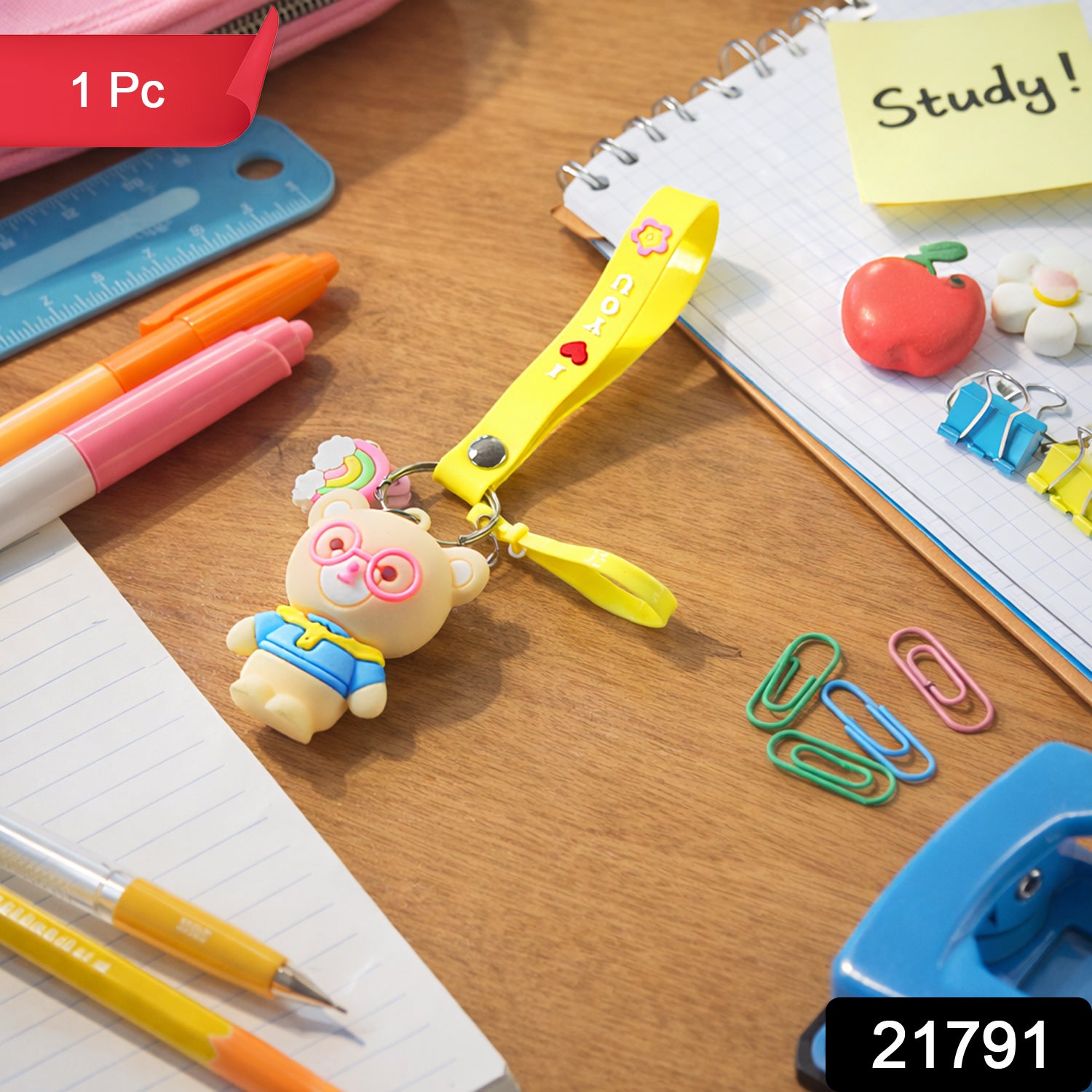 Wukusy cute cartoon teddy bear keychain with yellow "I Love You" strap, featuring a soft plush teddy bear and a keyring attachment