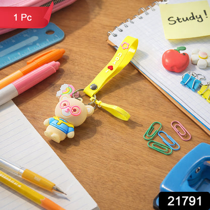 Wukusy cute cartoon teddy bear keychain with yellow "I Love You" strap, featuring a soft plush teddy bear and a keyring attachment