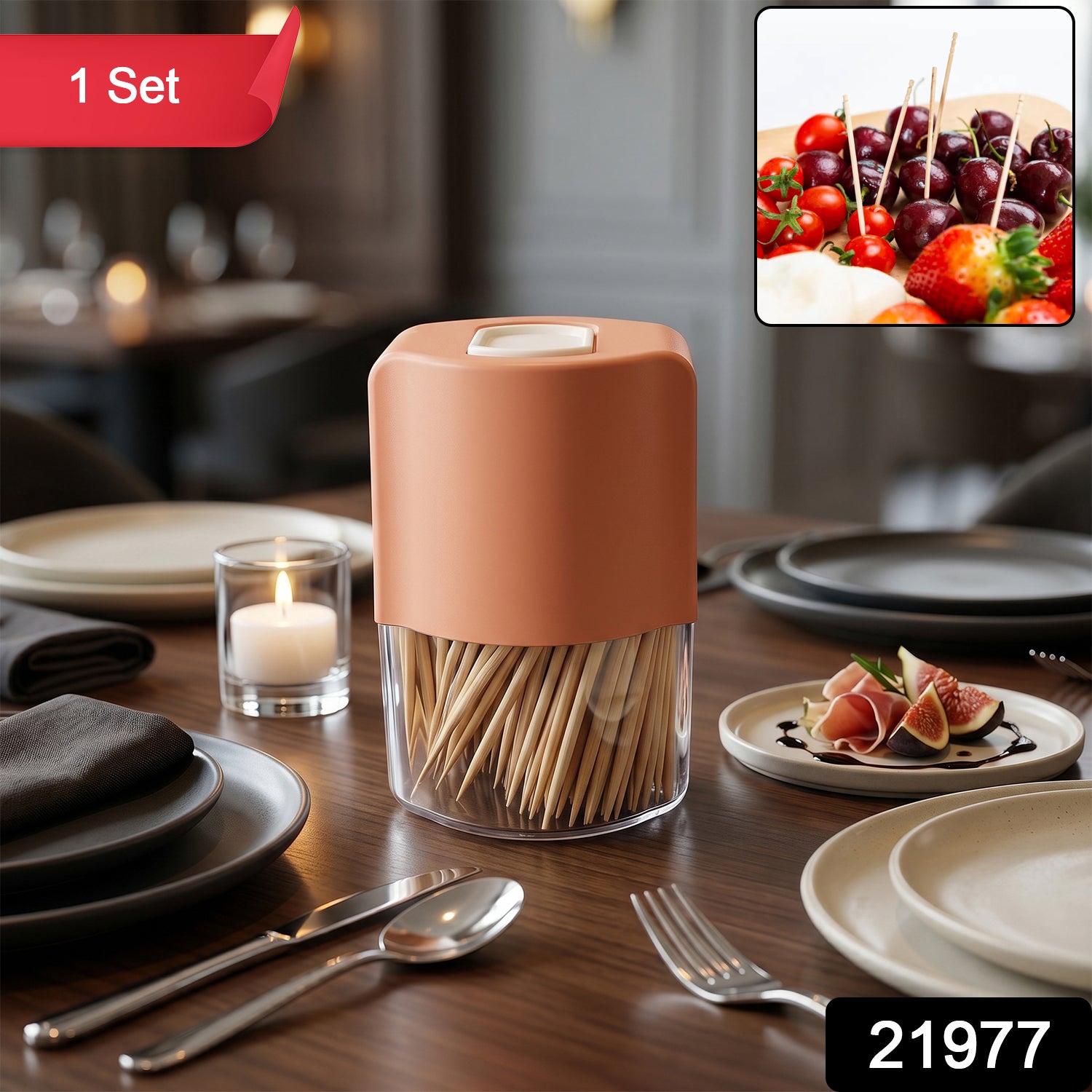 Wukusy toothpick dispenser box set with automatic pop-up holder, designed for dining tables, compact and easy to use.