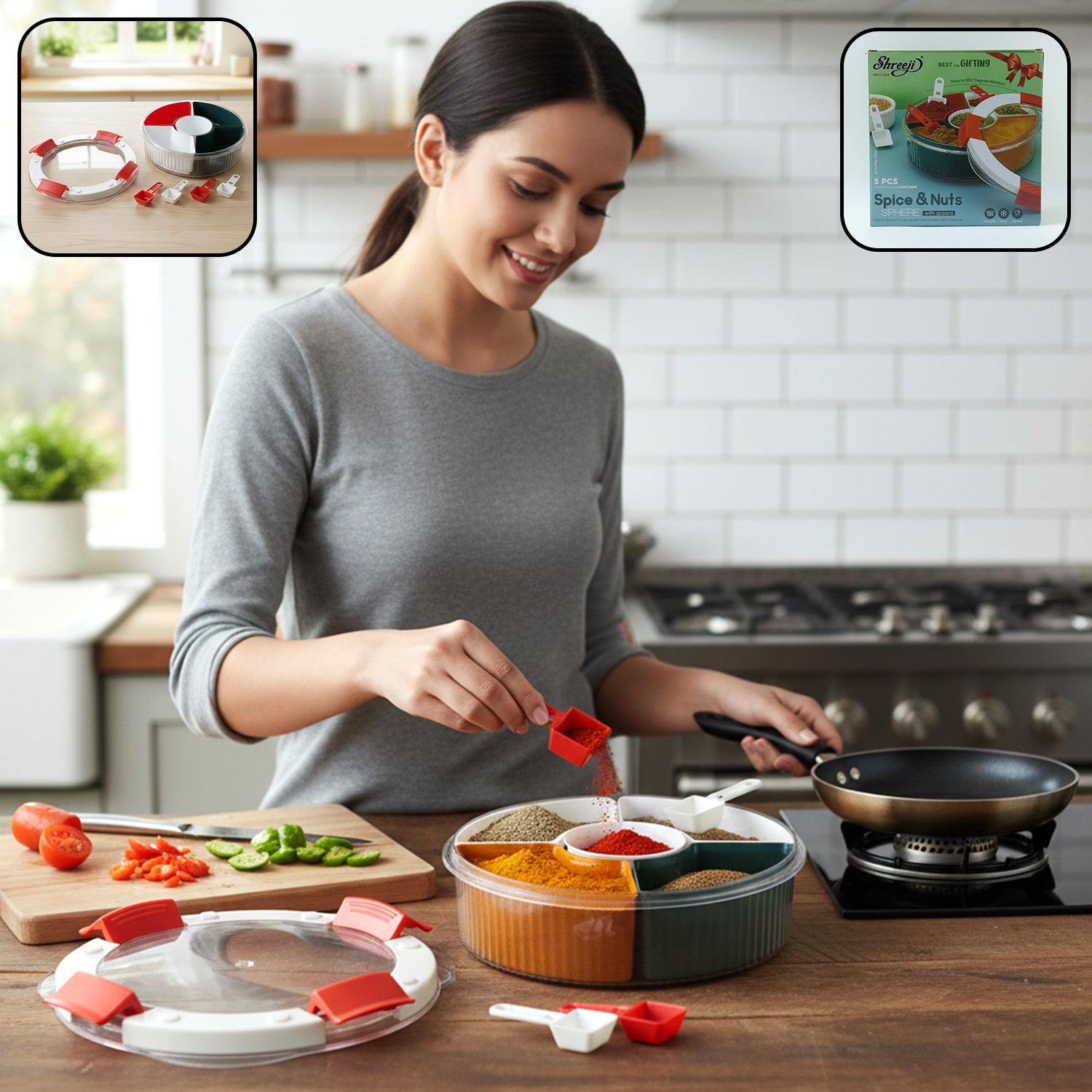 Plastic 5-compartment spice storage box with spoons by Wukusy, showing clear compartments and included small spoons for spices.