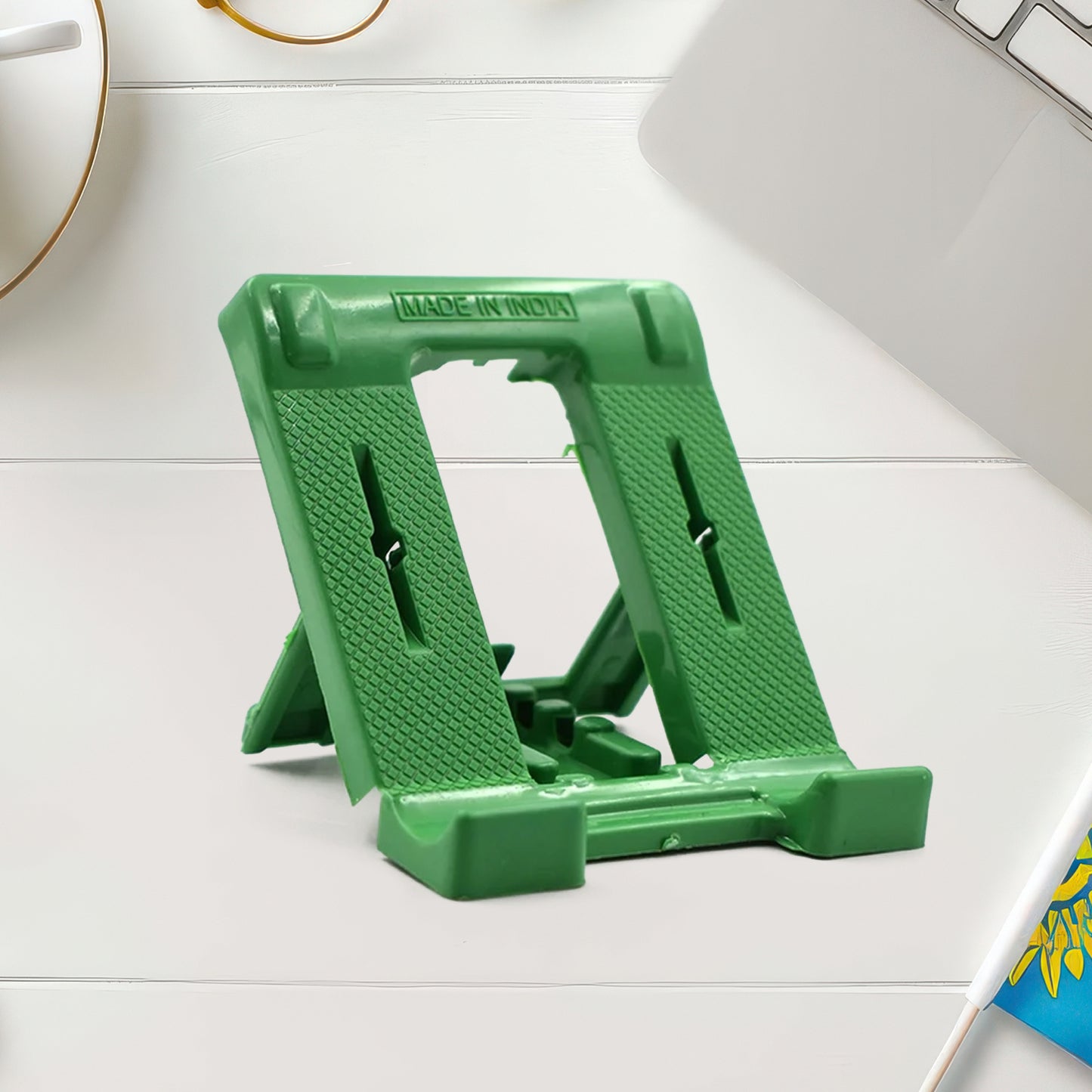 Wukusy adjustable 4-step foldable mobile stand holder for smartphones, featuring a compact, portable design and multiple viewing angles.