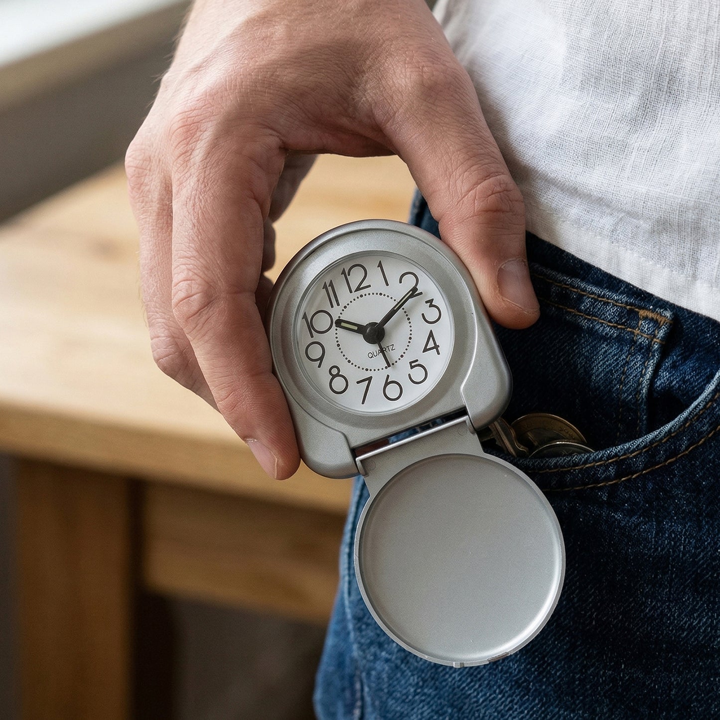 Compact Wukusy foldable travel alarm clock with digital display, portable design, and easy-to-use features for on-the-go use.