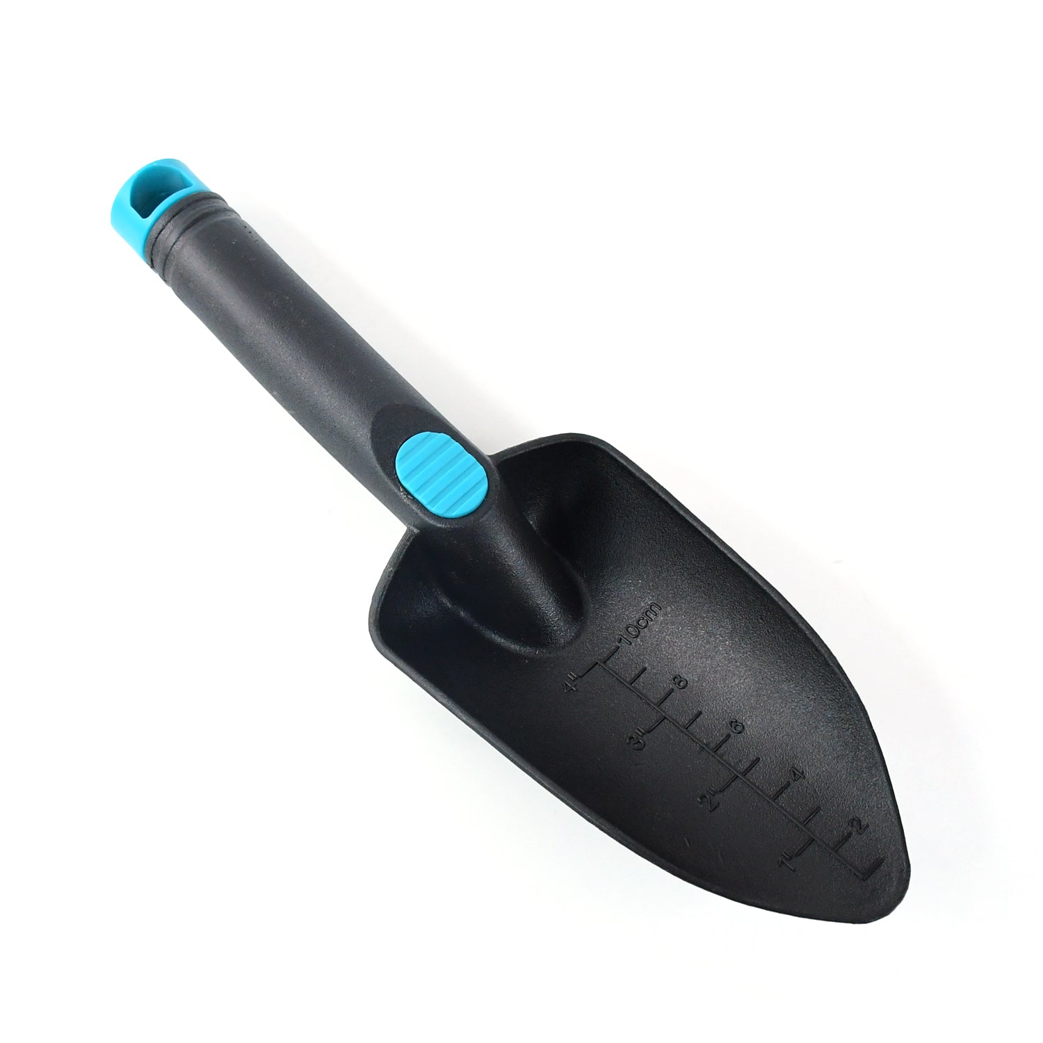 Wukusy heavy duty plastic garden hand trowel with measurement marks, showing a sturdy tool for gardening tasks.