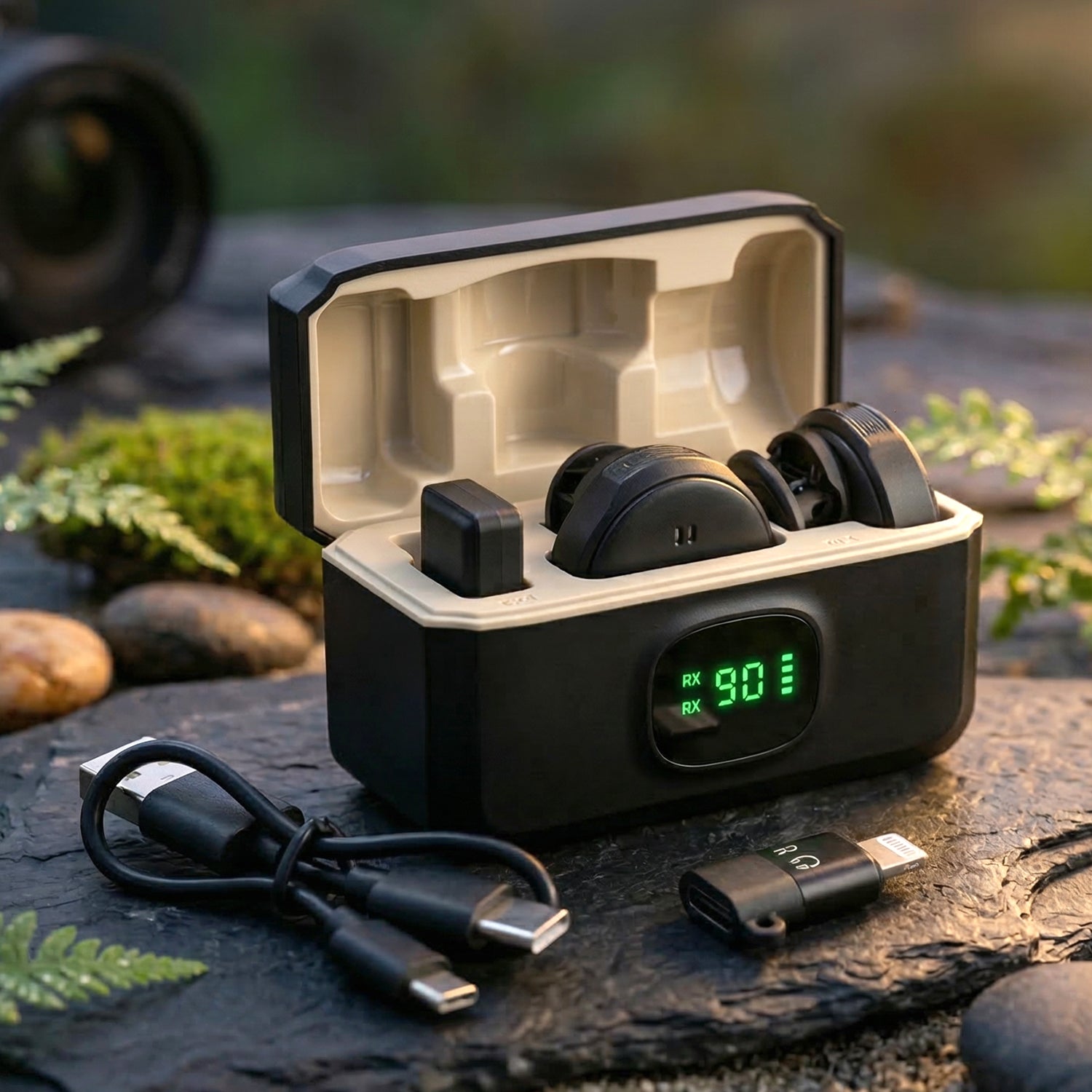 Wukusy premium wireless lavalier microphone set with clip-on microphones and compact receivers for professional audio recording.