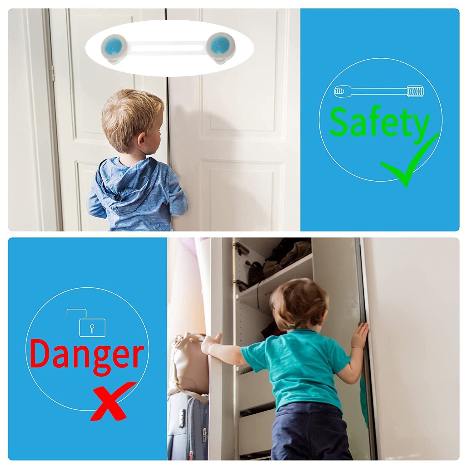 Wukusy baby proofing child safety strap lock attached to furniture, preventing access and ensuring child safety at home.