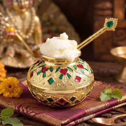 Wukusy Laddu Gopal Makhan Matki with spoon set, decorative pooja pot, 2-piece traditional Hindu religious gift.