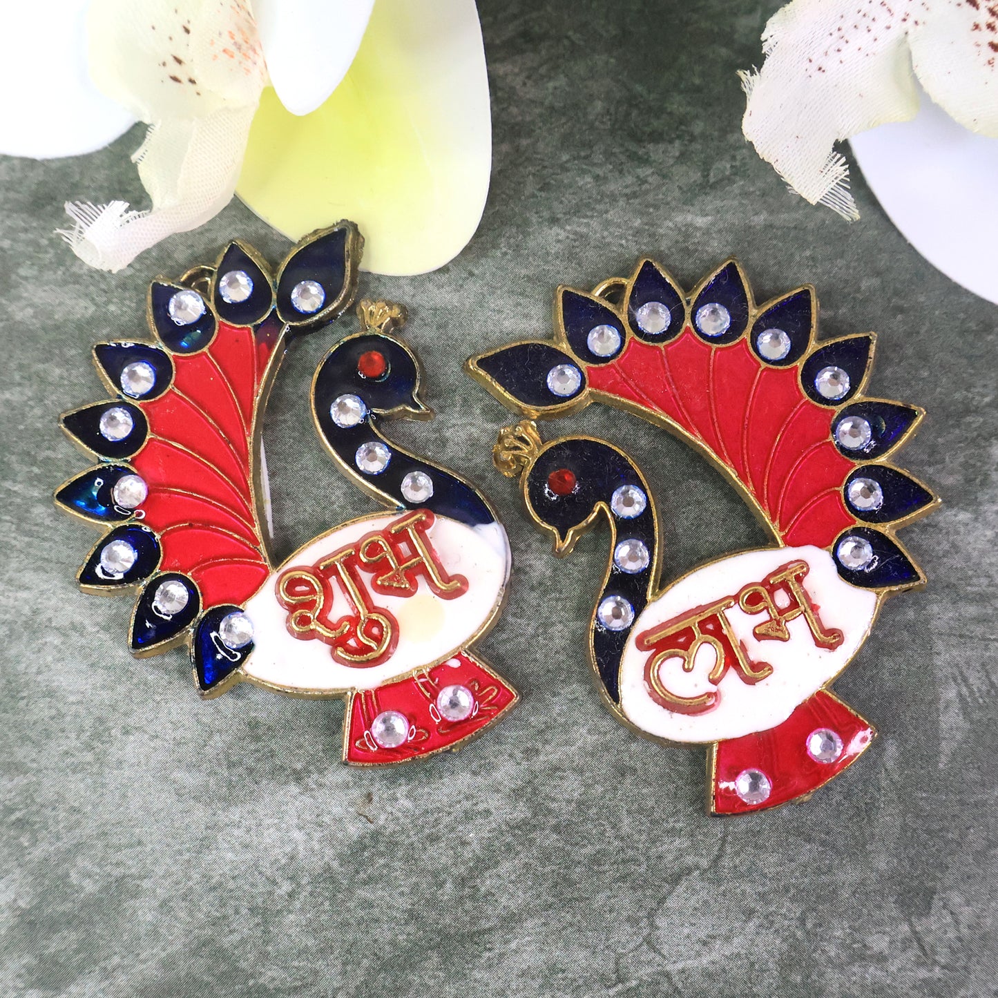 Decorative peacock design Shubh Labh wall hanging by Wukusy, two-piece home decor with intricate motifs for auspicious home decoration.