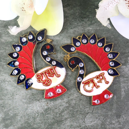 Decorative peacock design Shubh Labh wall hanging by Wukusy, two-piece home decor with intricate motifs for auspicious home decoration.