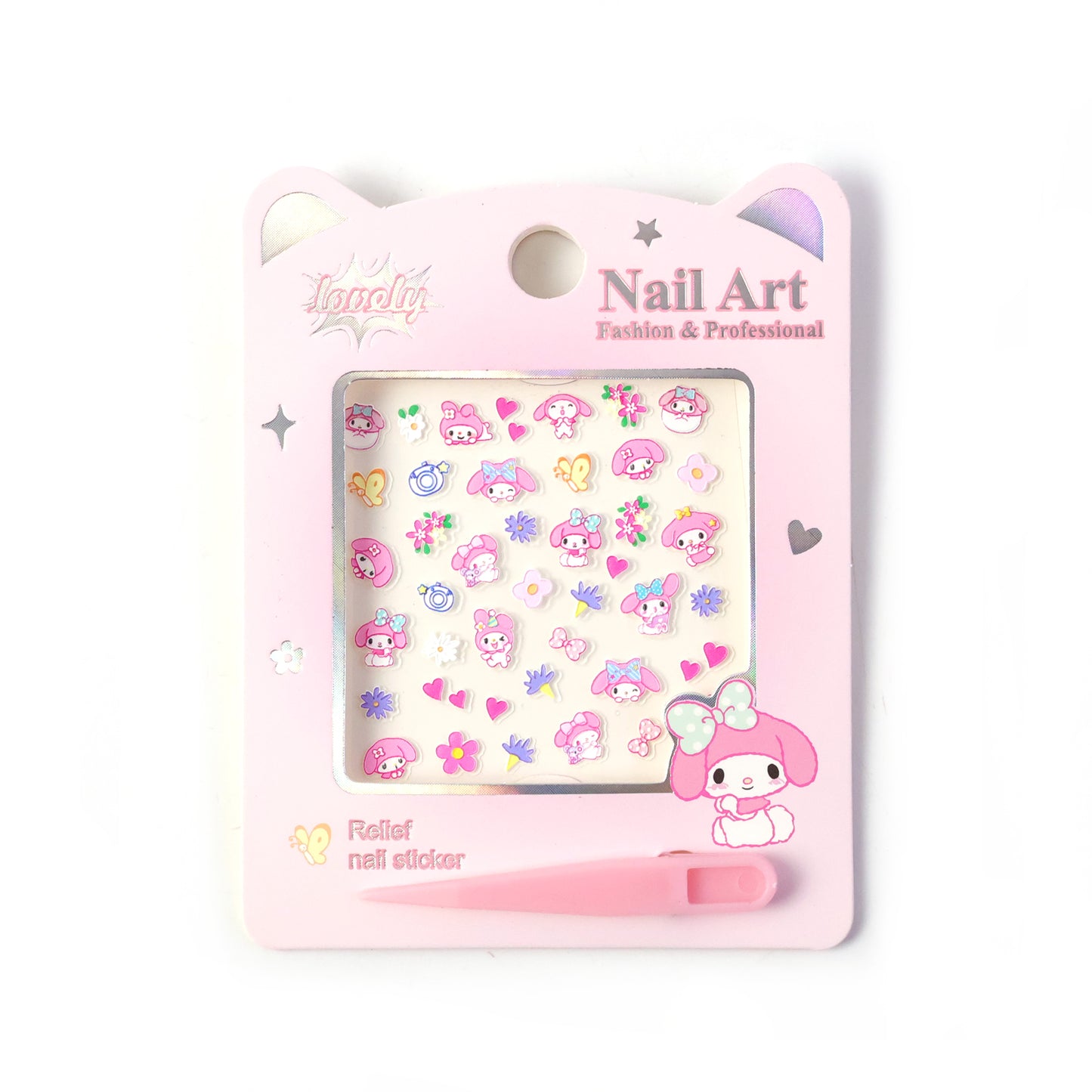 Set of cute cartoon nail art stickers by Wukusy, featuring colorful animated character designs for creative nail decorating.