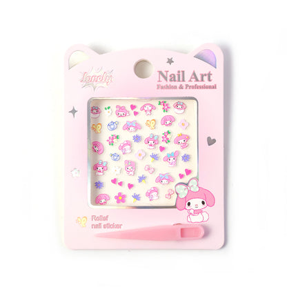 Set of cute cartoon nail art stickers by Wukusy, featuring colorful animated character designs for creative nail decorating.