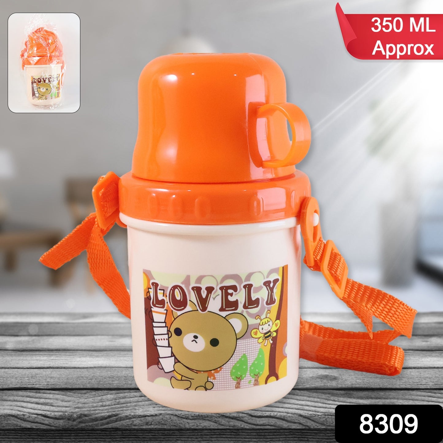 Wukusy cartoon printed plastic cup with lid, 350ml capacity, featuring colorful playful designs and a secure lid.