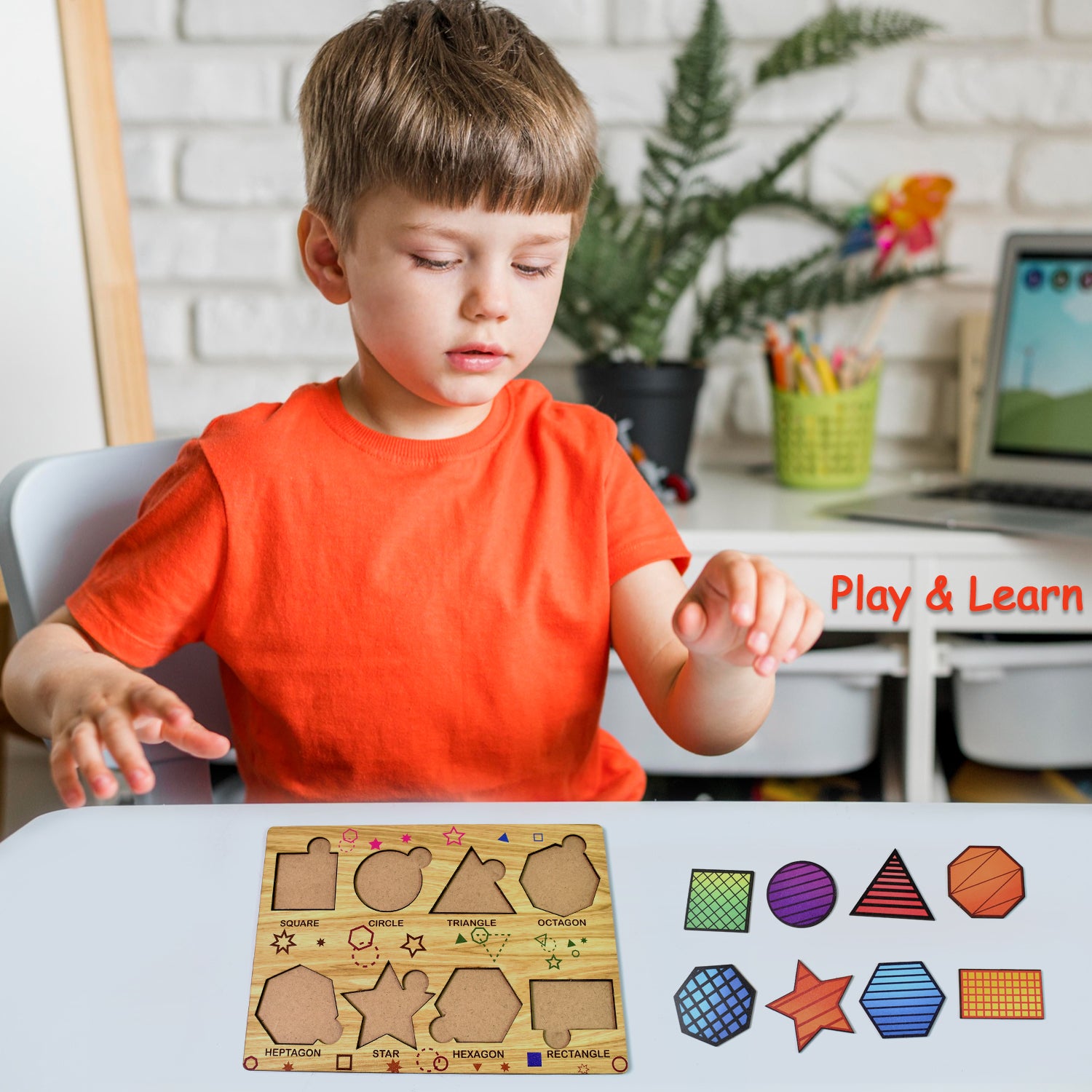 Wooden Triangles Puzzle Learning Educational Toy by Wukusy, featuring colorful geometric shapes on a wooden board.