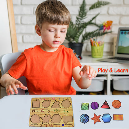 Wooden Triangles Puzzle Learning Educational Toy by Wukusy, featuring colorful geometric shapes on a wooden board.