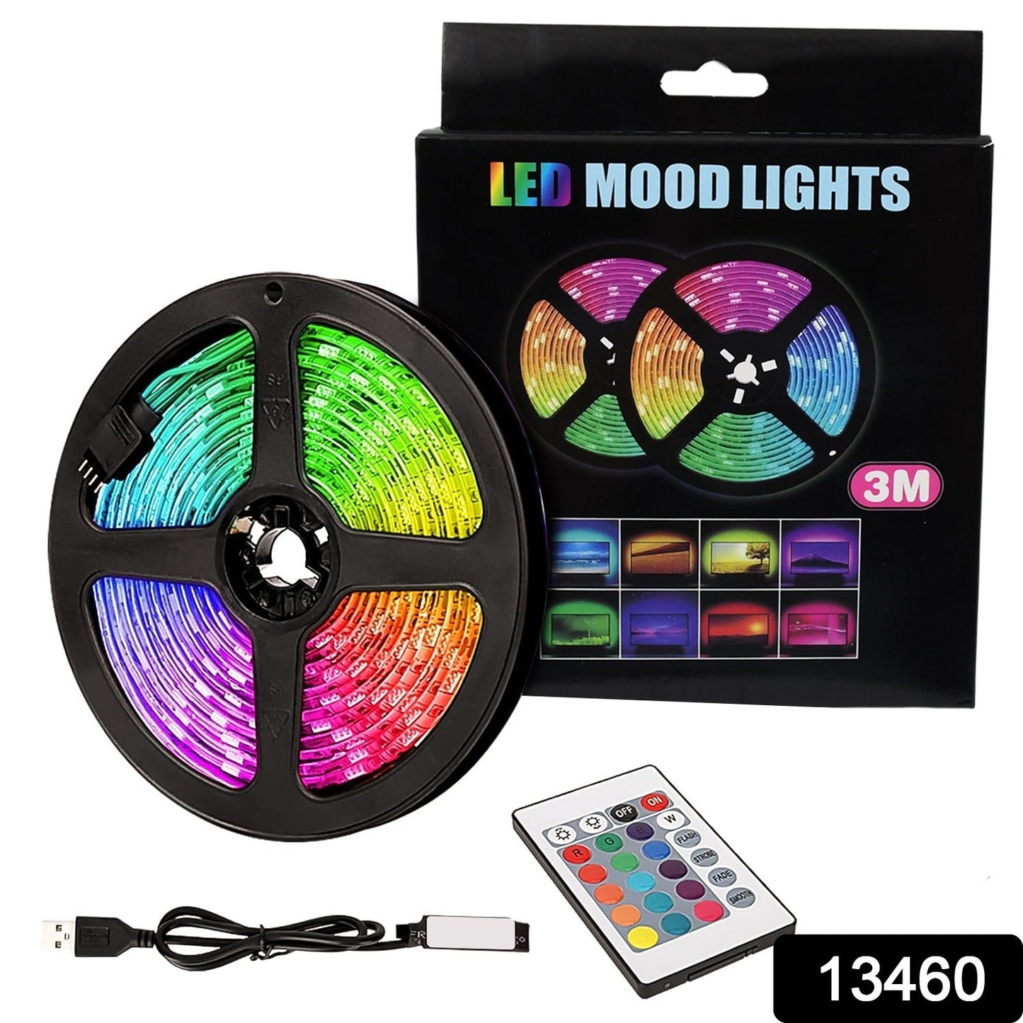 Wukusy 3M RGB LED strip lights set with colorful mood lighting, flexible strip for vibrant home or party decor.