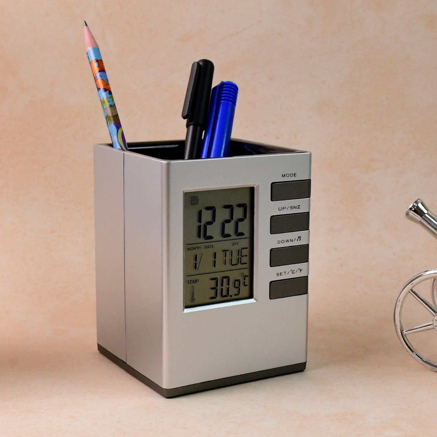 Wukusy multifunction cube digital desk clock with pen holder, compact office clock and organizer on a clean workspace surface