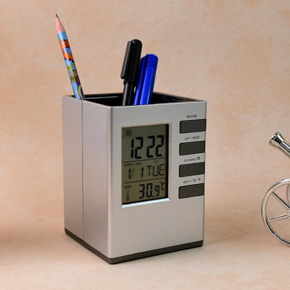 Wukusy multifunction cube digital desk clock with pen holder, compact office clock and organizer on a clean workspace surface