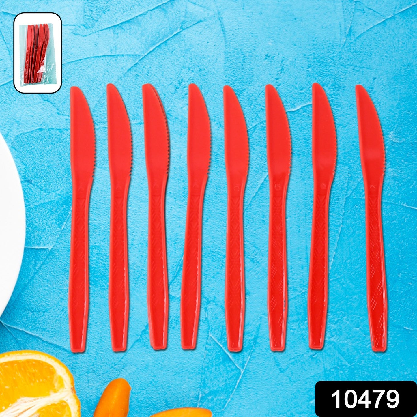 Eight durable plastic knives from Wukusy, kitchen tools with ergonomic handles and vibrant colors for versatile food prep.