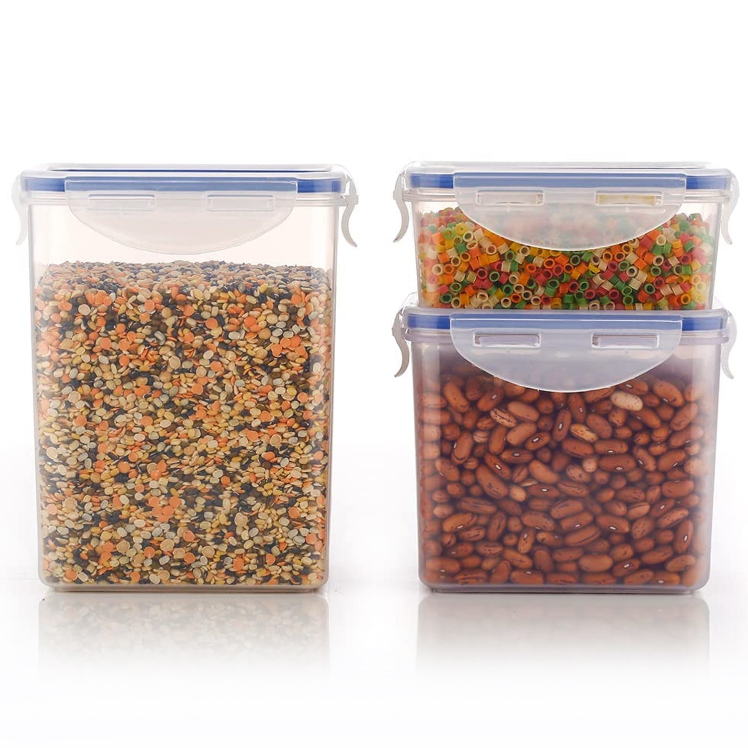 Wukusy 3-piece rectangle food storage containers with leak-proof lids, transparent plastic, in 500ml, 1000ml, and 1500ml sizes