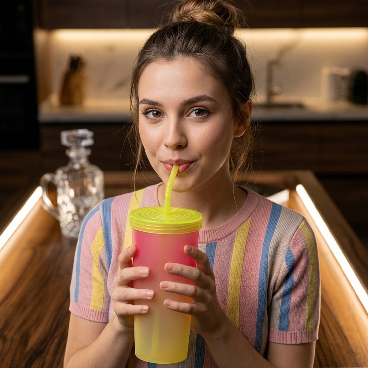 Wukusy gradient plastic drinking tumbler cup with lid and straw, 400 ml, featuring colorful design and secure lid for on-the-go use.