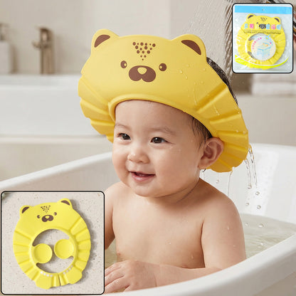 Cute cartoon baby shower cap shampoo bath hat from Wukusy, featuring a colorful, waterproof design for keeping water out during bath time.