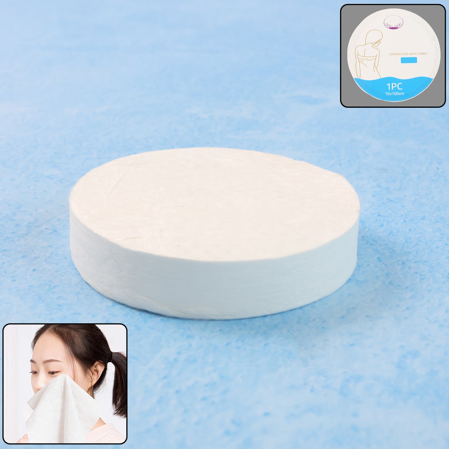 Wukusy compressed travel bath towel unfolded, showing soft, lightweight fabric and compact size 70x10 cm for easy packing.