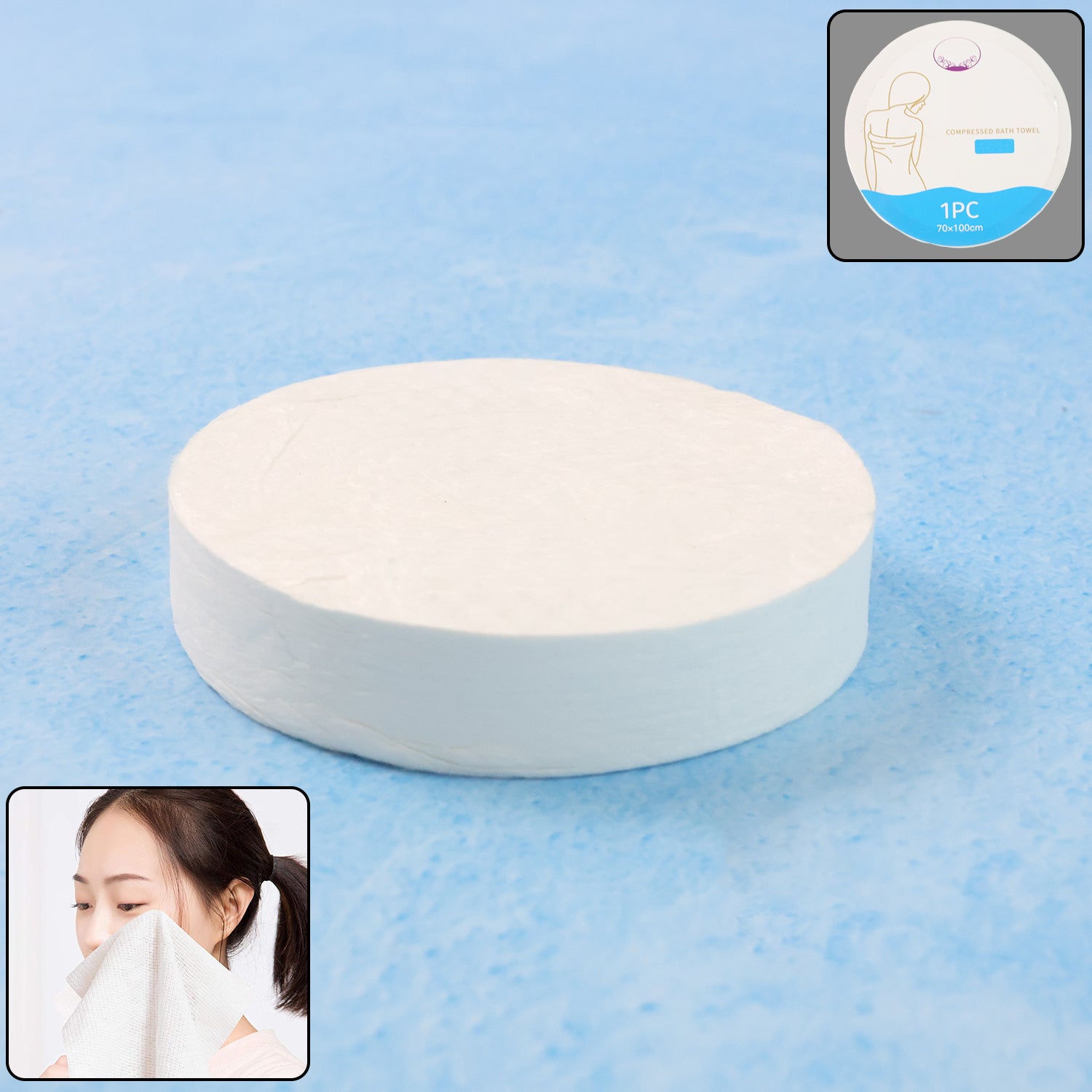 Wukusy compressed travel bath towel unfolded, showing soft, lightweight fabric and compact size 70x10 cm for easy packing.
