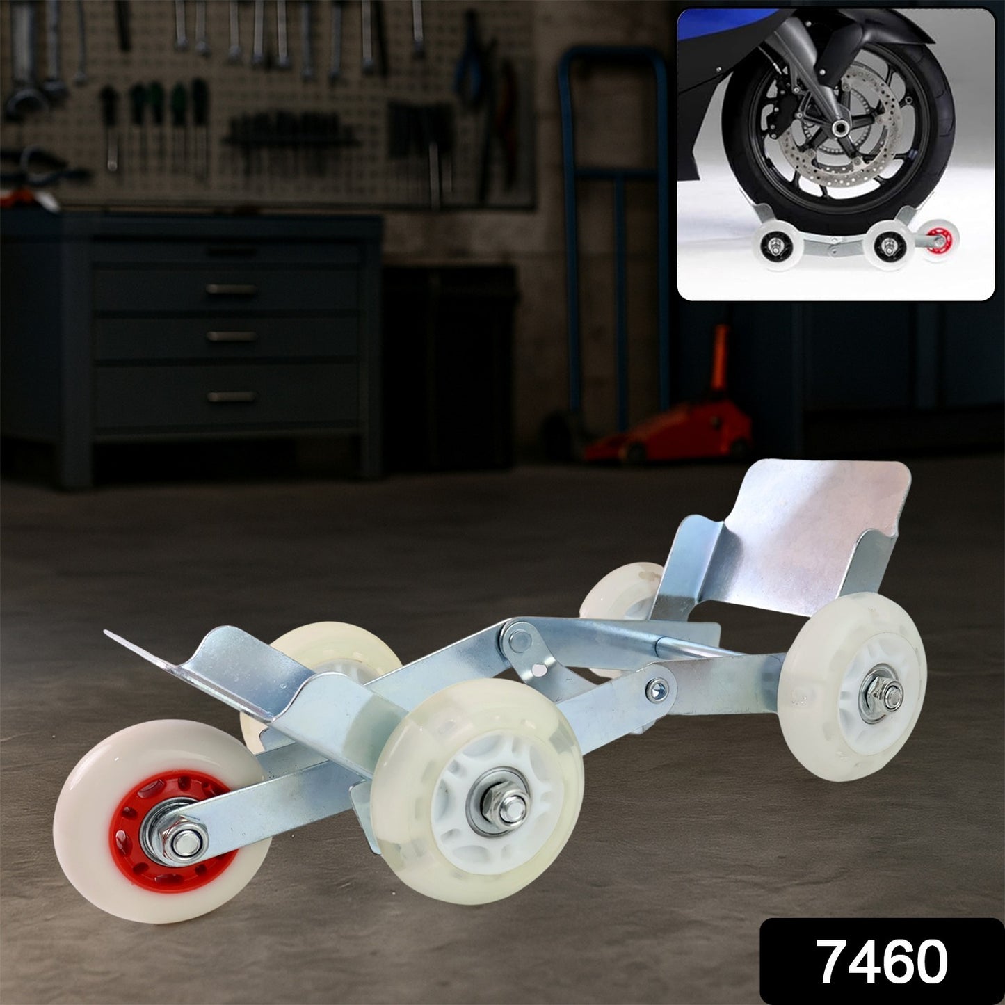 Heavy-duty motorcycle front wheel parking roller stand by Wukusy, showing the sturdy metal construction and wheel support.
