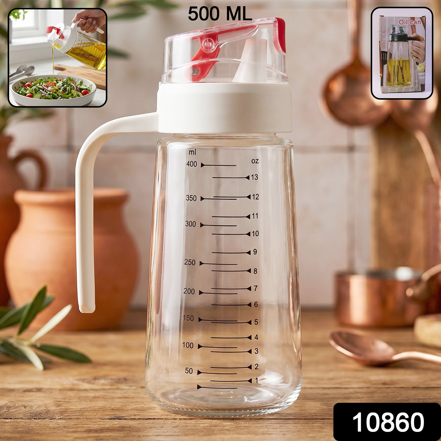 Wukusy 500ml glass oil dispenser bottle with auto-flip cap and side handle for easy pouring and controlled oil flow.