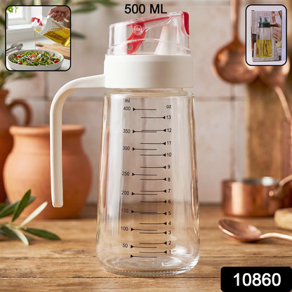 Wukusy 500ml glass oil dispenser bottle with auto-flip cap and side handle for easy pouring and controlled oil flow.