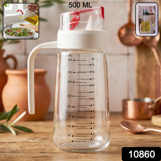 Wukusy 500ml glass oil dispenser bottle with auto-flip cap and side handle for easy pouring and controlled oil flow.