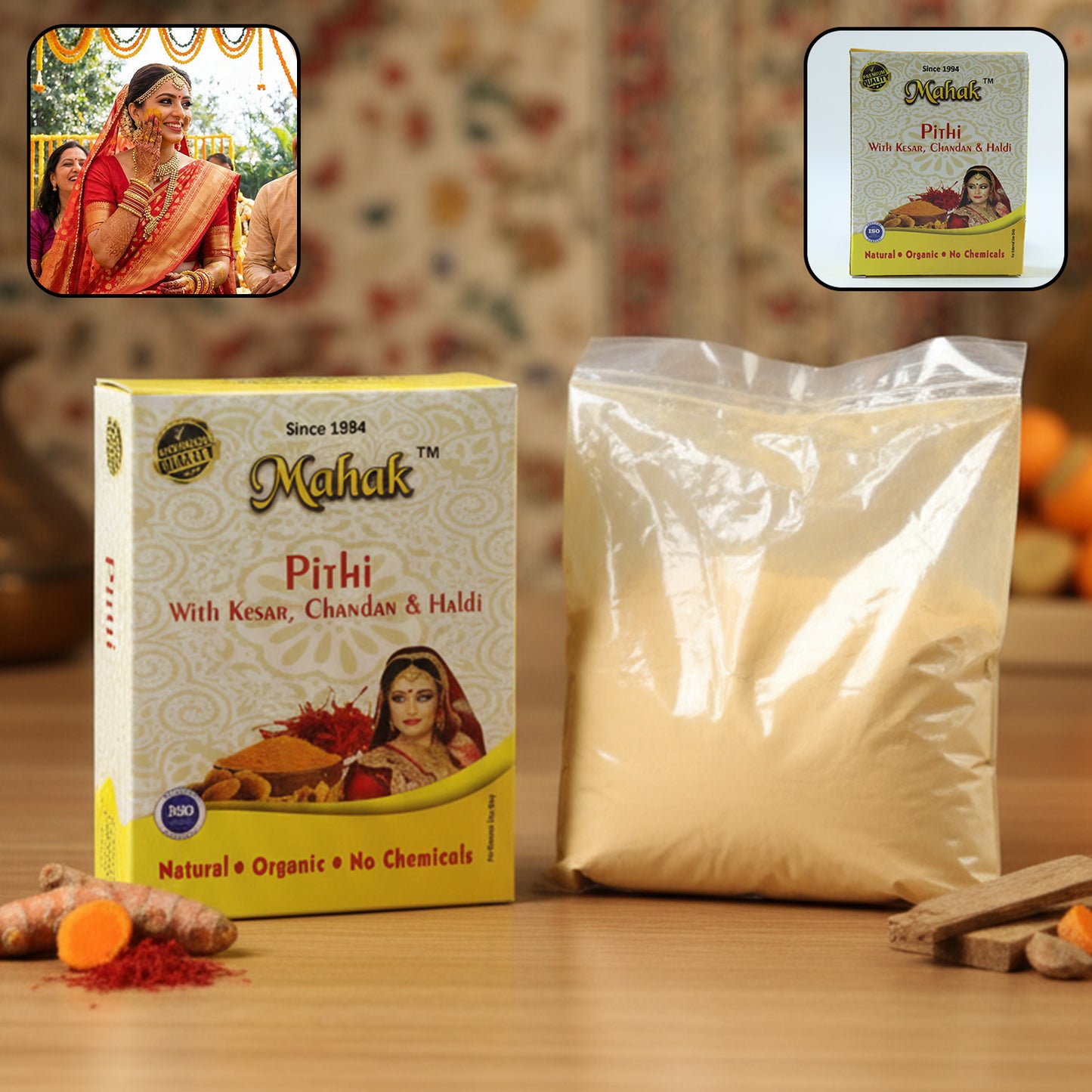 Traditional Mahak Pithi for face and body by Wukusy, 40g, in a natural powder form with a smooth texture.