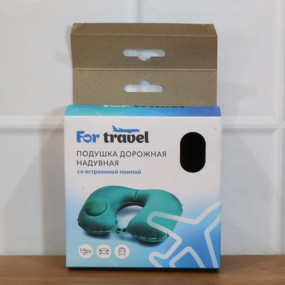 Wukusy inflatable travel neck pillow in gray, showing its ergonomic shape designed for comfortable support during flights.