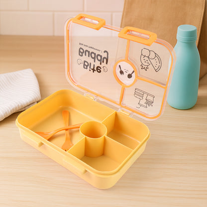 Wukusy Bite Buddy plastic lunch box with four compartments, leak-resistant design, included spoon and fork, in gray.