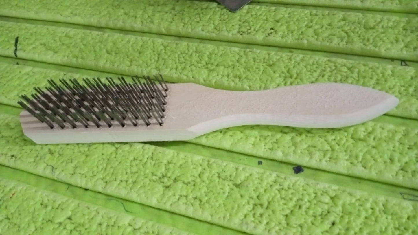 Steel wire brush with wooden handle by Wukusy, showing close-up of bristles and ergonomic wooden grip on a white background.