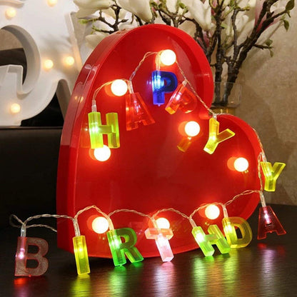 Colorful plastic "Happy Birthday" LED string lights by Wukusy, battery-operated outdoor home decor with 13 multicolour letter lights.