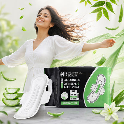 Wukusy Beautiful Basics Neem Aloe Vera Sanitary Pads 3XL Night 360mm, 28 ultra-absorbent pads for overnight comfort