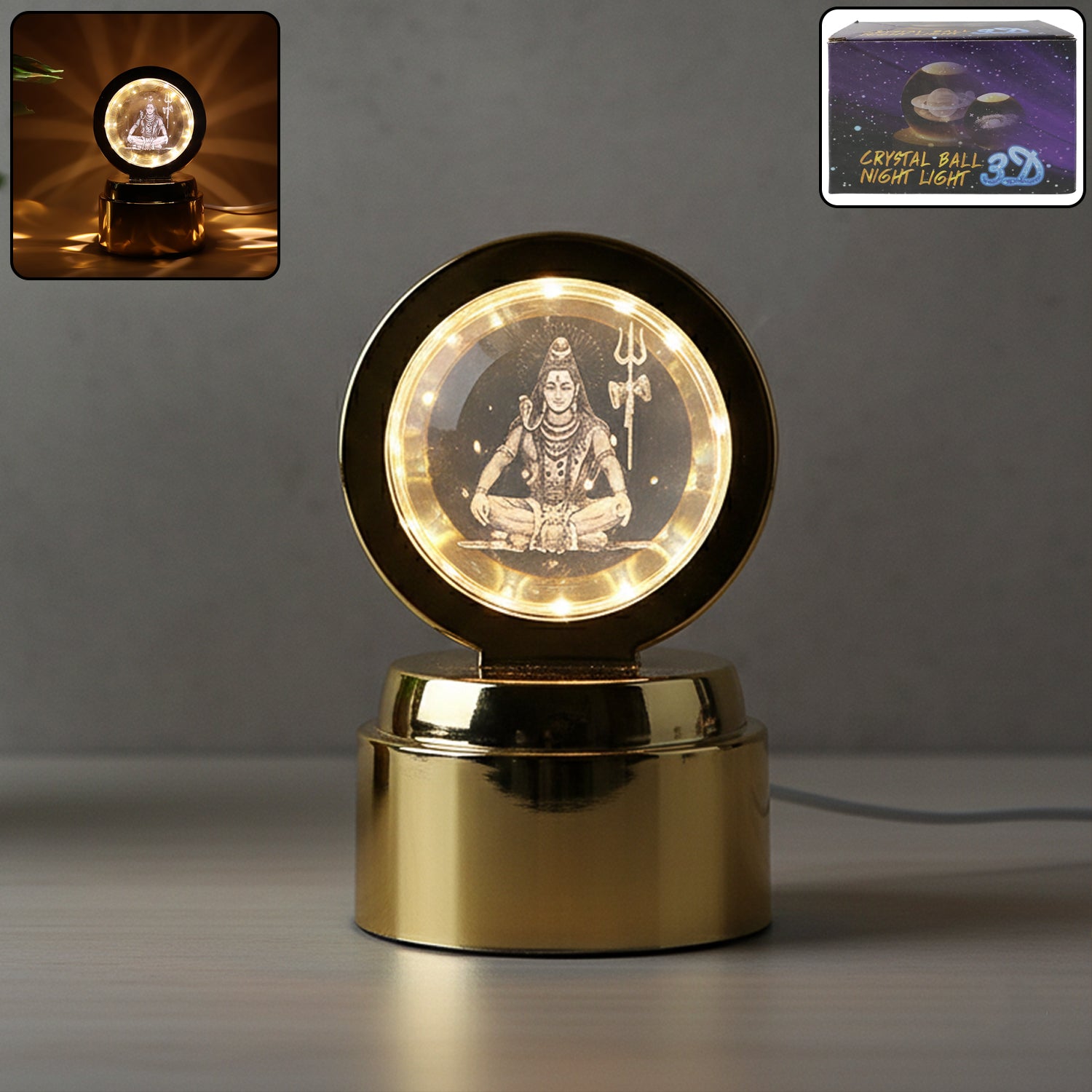 Wukusy Mahadev 3D crystal ball night light glowing with intricate Mahadev design, illuminated in a dark setting