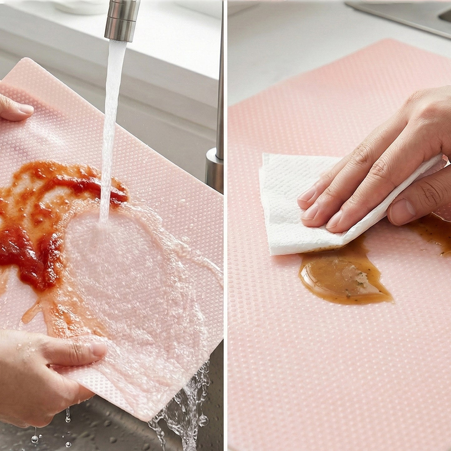 Set of four transparent plastic fridge mats measuring 45x29 cm by Wukusy, shown spread out inside a refrigerator.