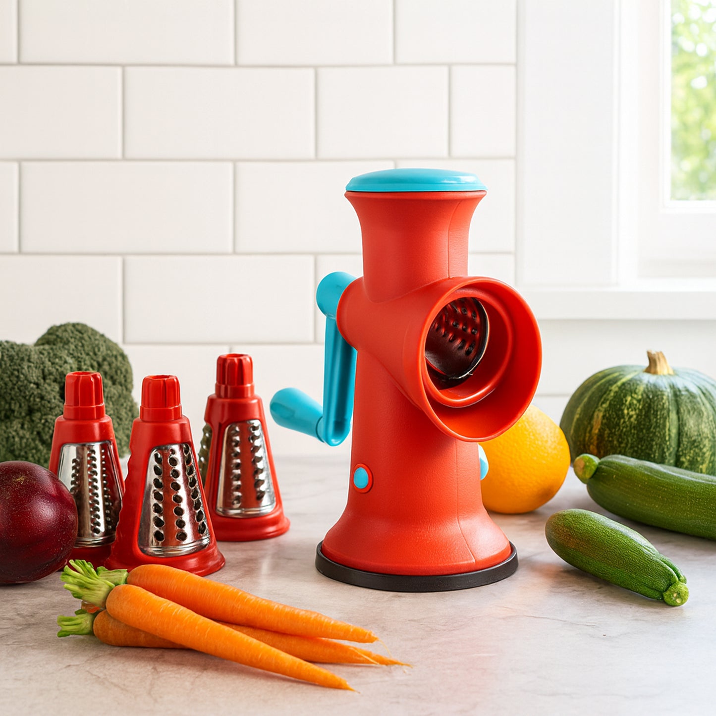 Wukusy Apex 4-in-1 Signature Rotary Grater with interchangeable blades for versatile kitchen grating and shredding.